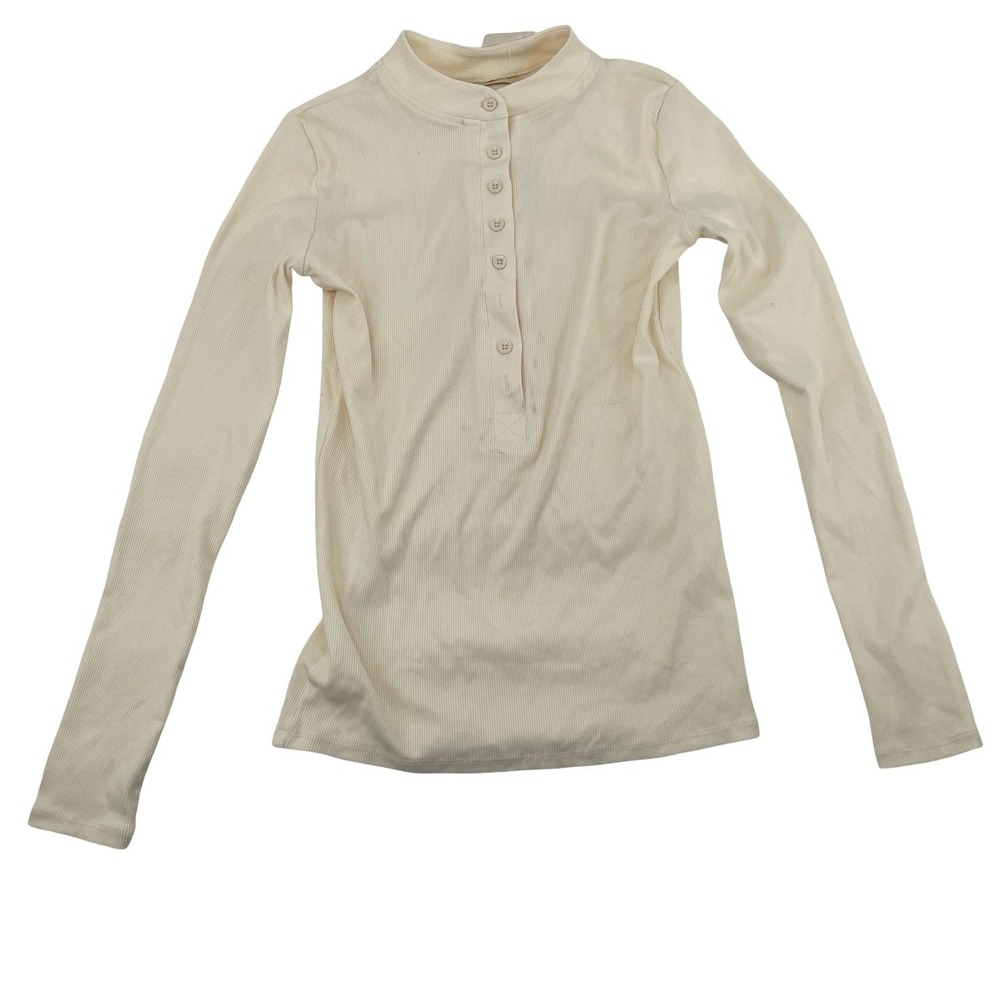 Qinsen Women's Top Henley Cream Cotton Spandex Medium